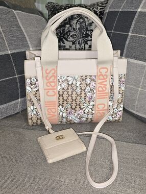 Cavalli Class Beige Floral Logo Satchel with Pale Pink Trim (E)